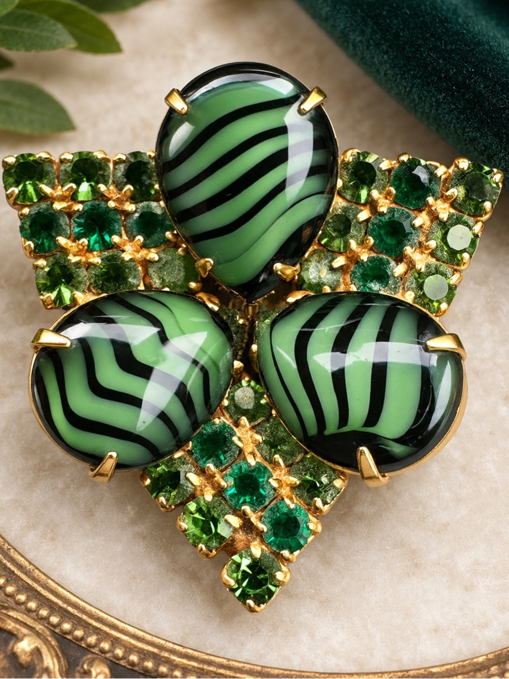 Green Zebra Glass Floral Brooch with Gold-Tone Setting